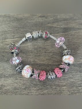 Pink Crystal & Floral Bead Charm Bracelet